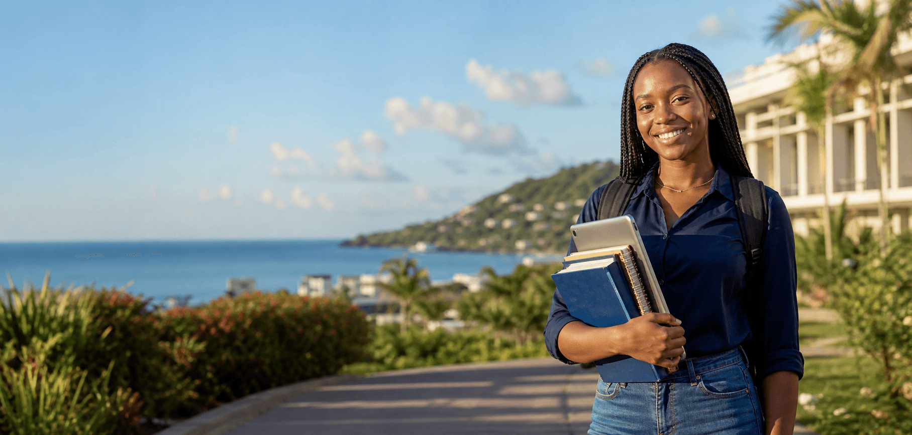 International student in a Caribbean campus setting overlooking the sea