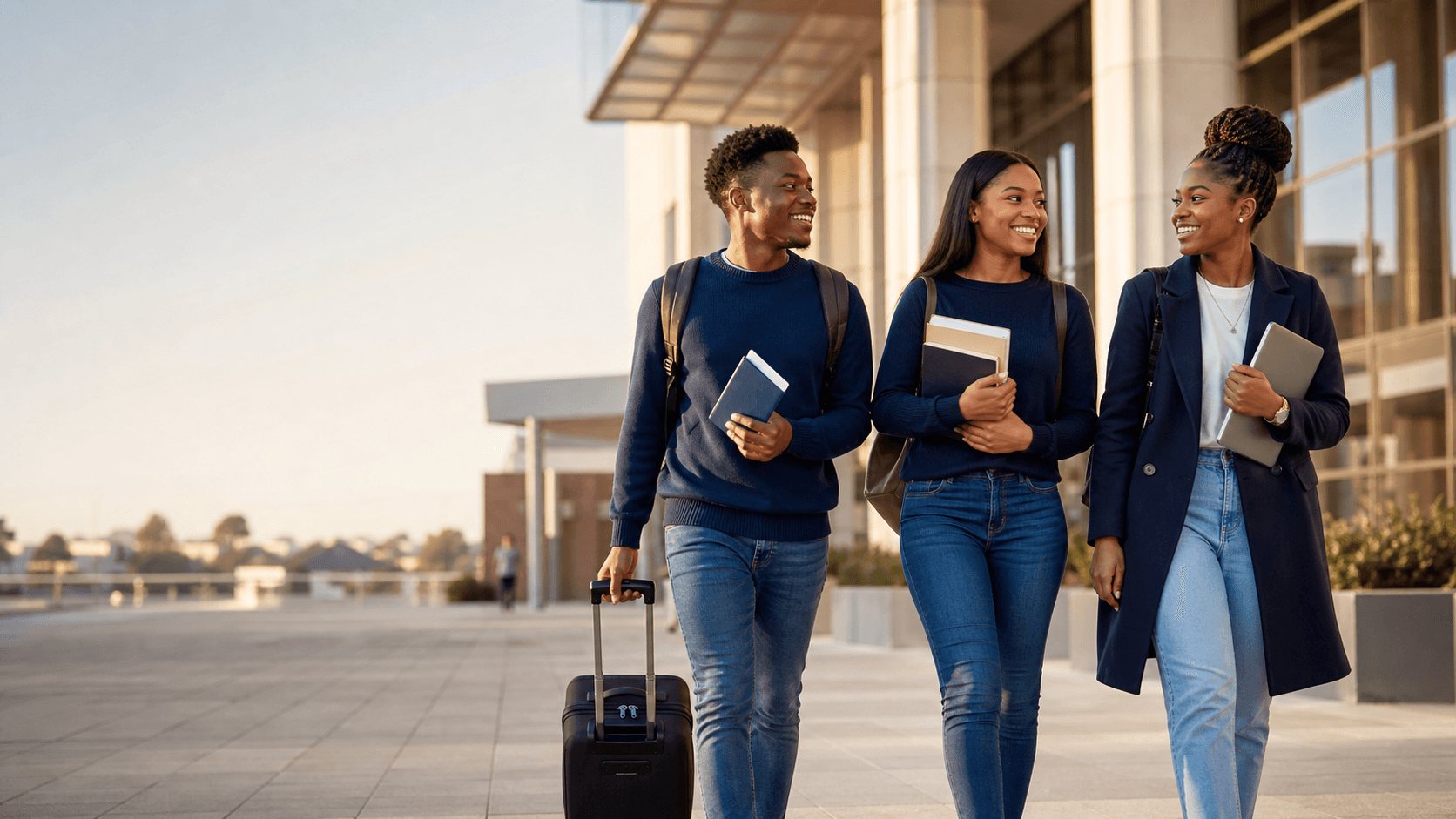 Three international students walking on a modern university campus